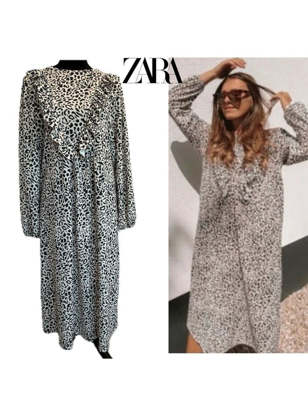 Zara beige black leopard cheetah animal print ruffle frill frock midi maxi dress